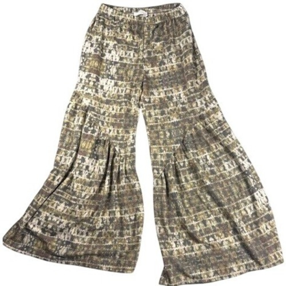 Accent Prone The Label Pants Womens M Green Brown Abstract Wide Leg Flare Ruffle